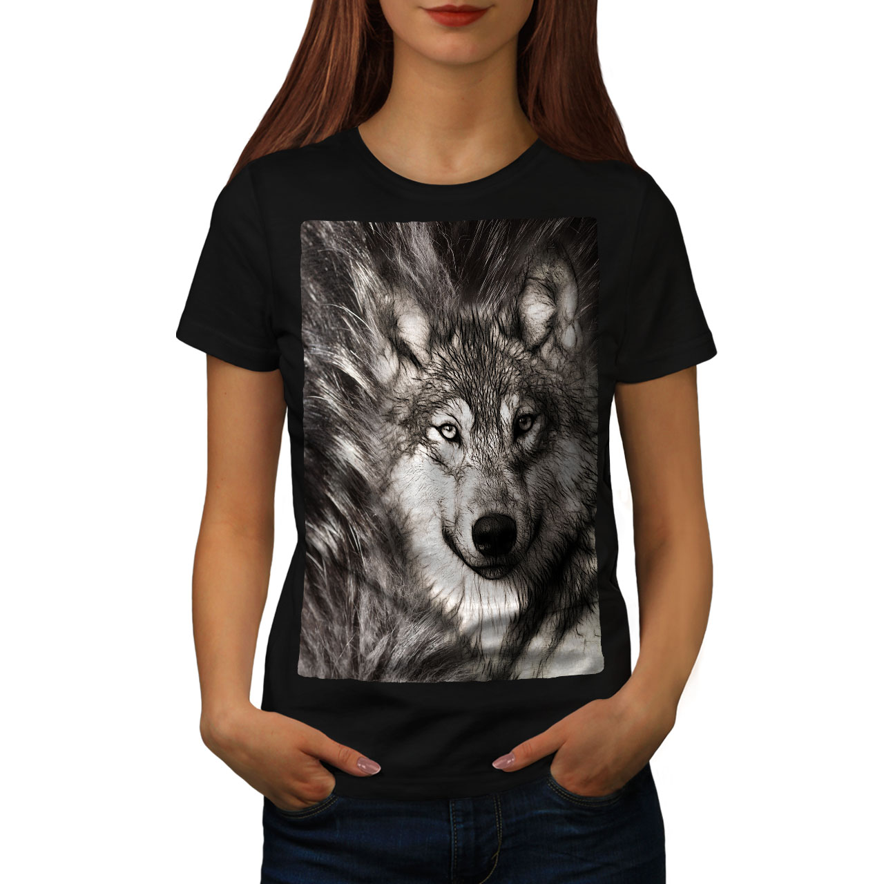 Wellcoda Lonely Wolf Face Womens T-shirt, Wild Casual Design Printed ...