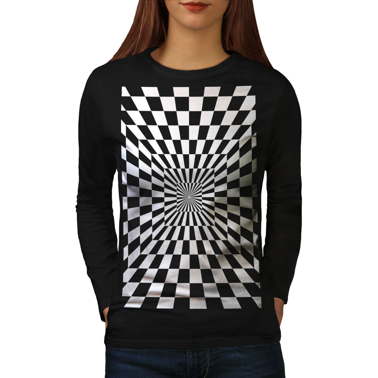 Square Illusion Motif Femmes T-shirt à manches longues Nouveauwellcoda