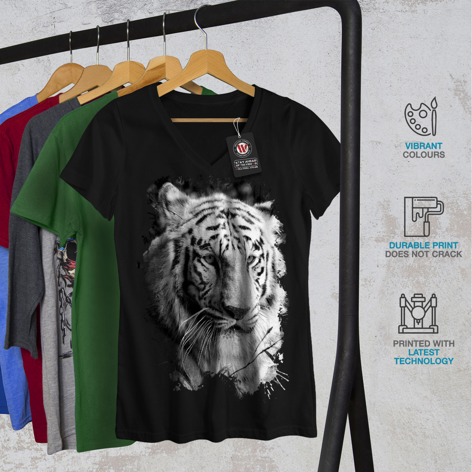 Wellcoda White Tiger Head Womens V-Neck T-shirt, Wild Graphic Design Tee |  eBay