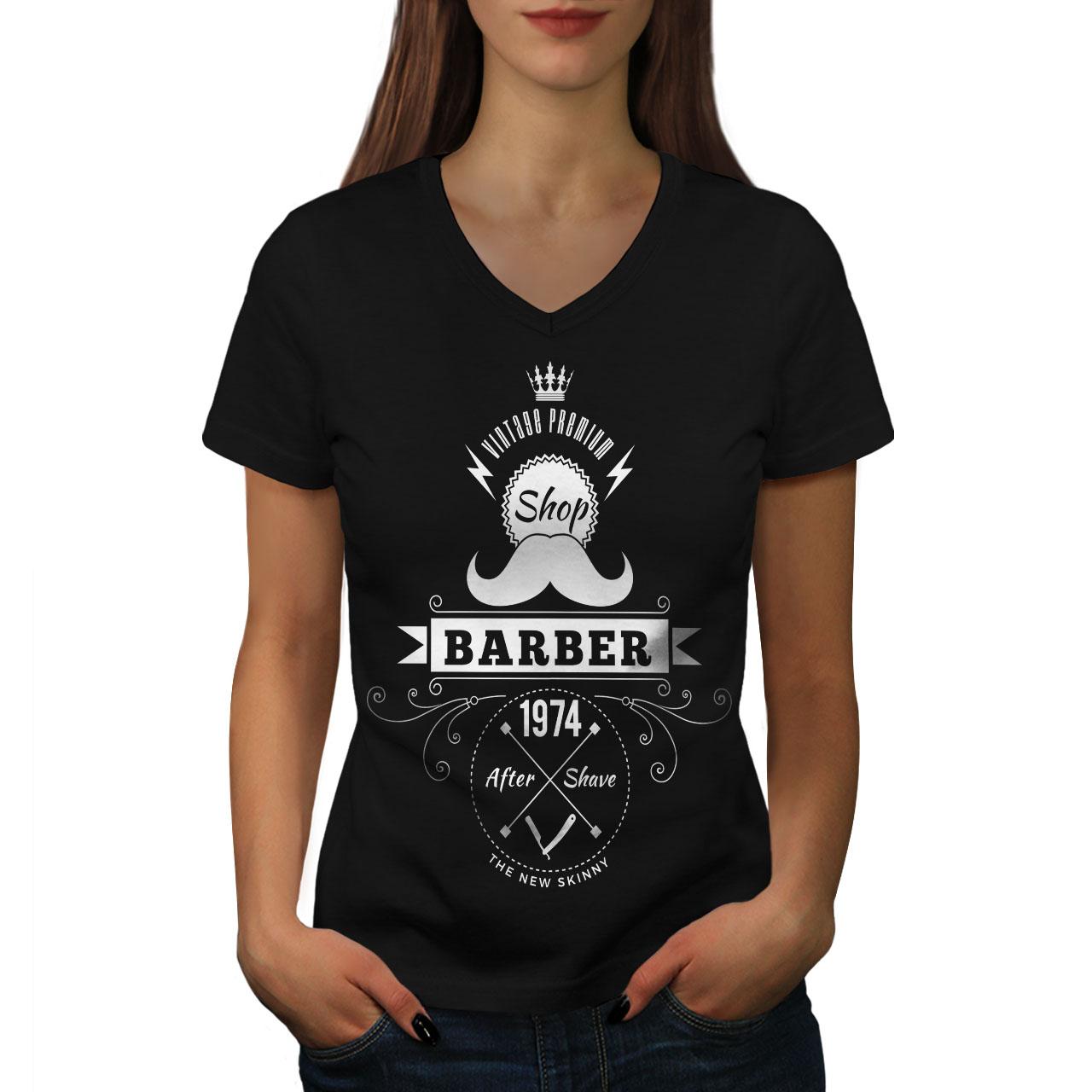 Wellcoda Barber Shop Womens V-Neck T-shirt Hippie Graphic Design Tee 