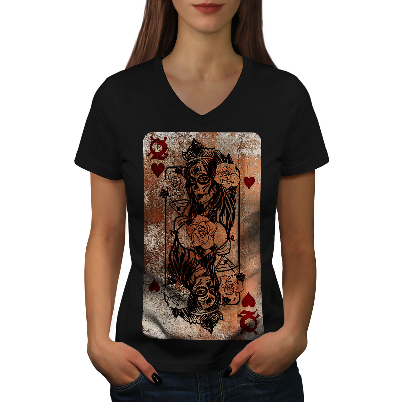 Wellcoda Gothic Heart Queen Womens V-Neck T-shirt, Poker Graphic Design ...