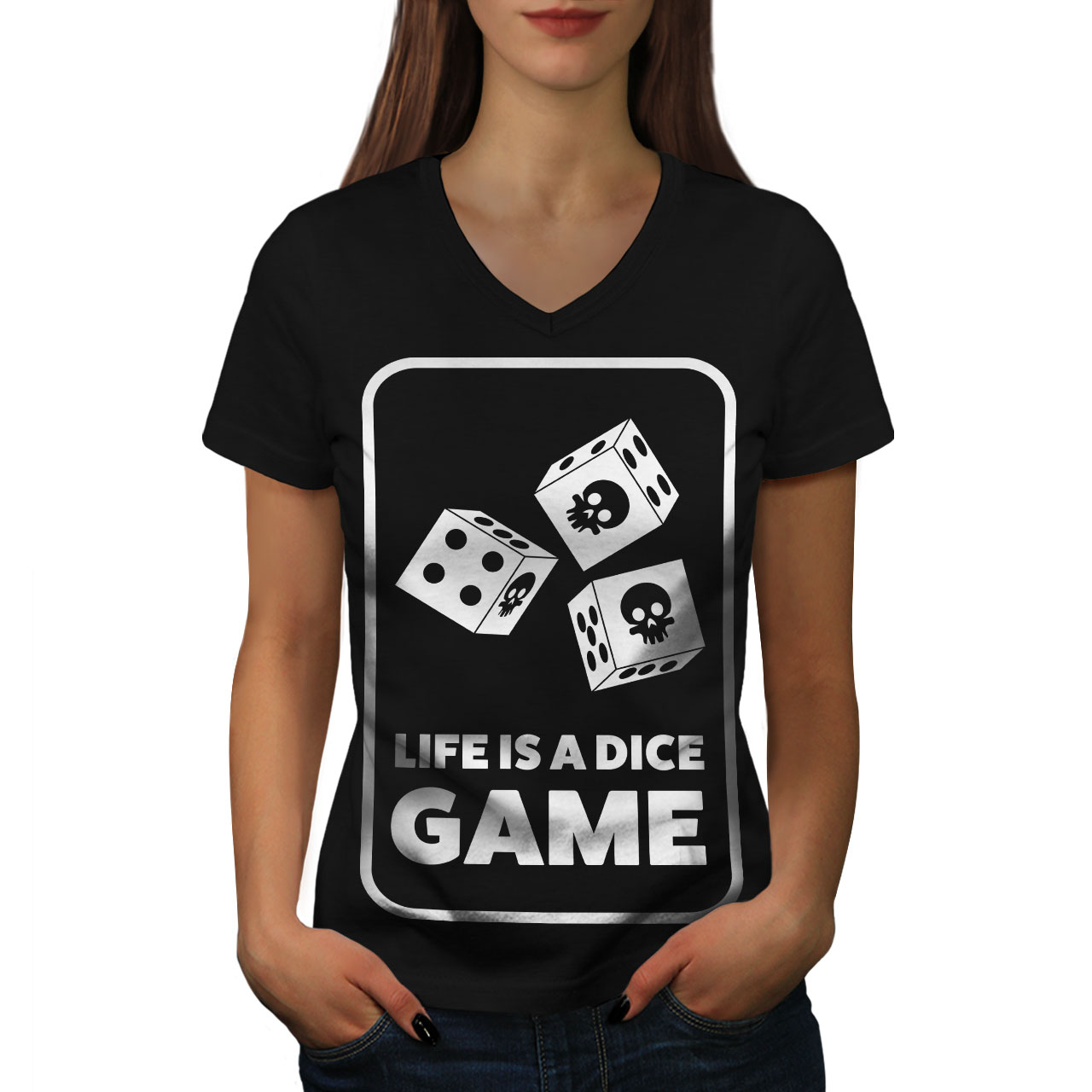 Wellcoda Dice Skull Game Bet Womens V-Neck T-shirt, Gambling Graphic ...
