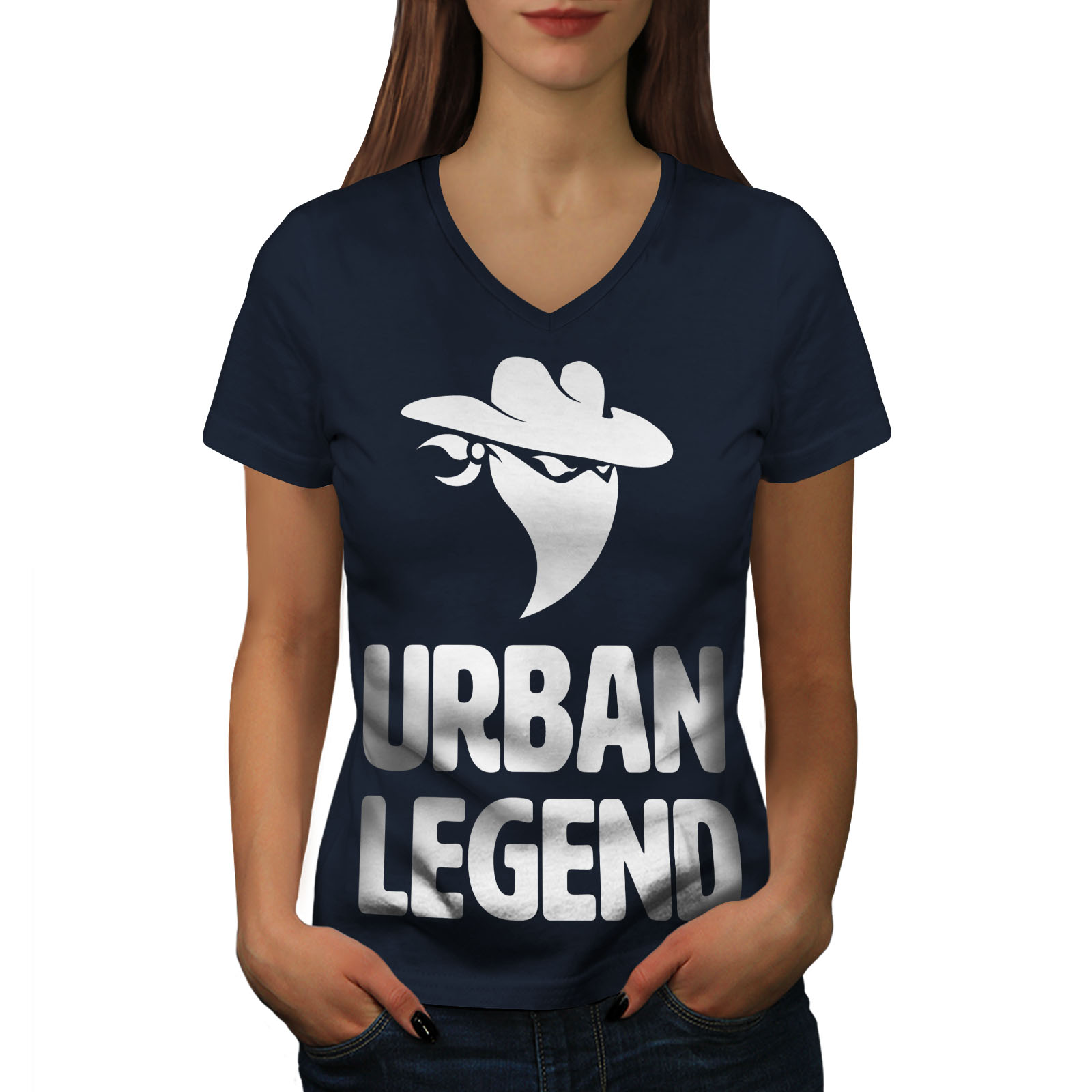 WELLCODA URBAN LEGEND Bandit Womens V-Neck T-shirt, Mask Graphic Design ...