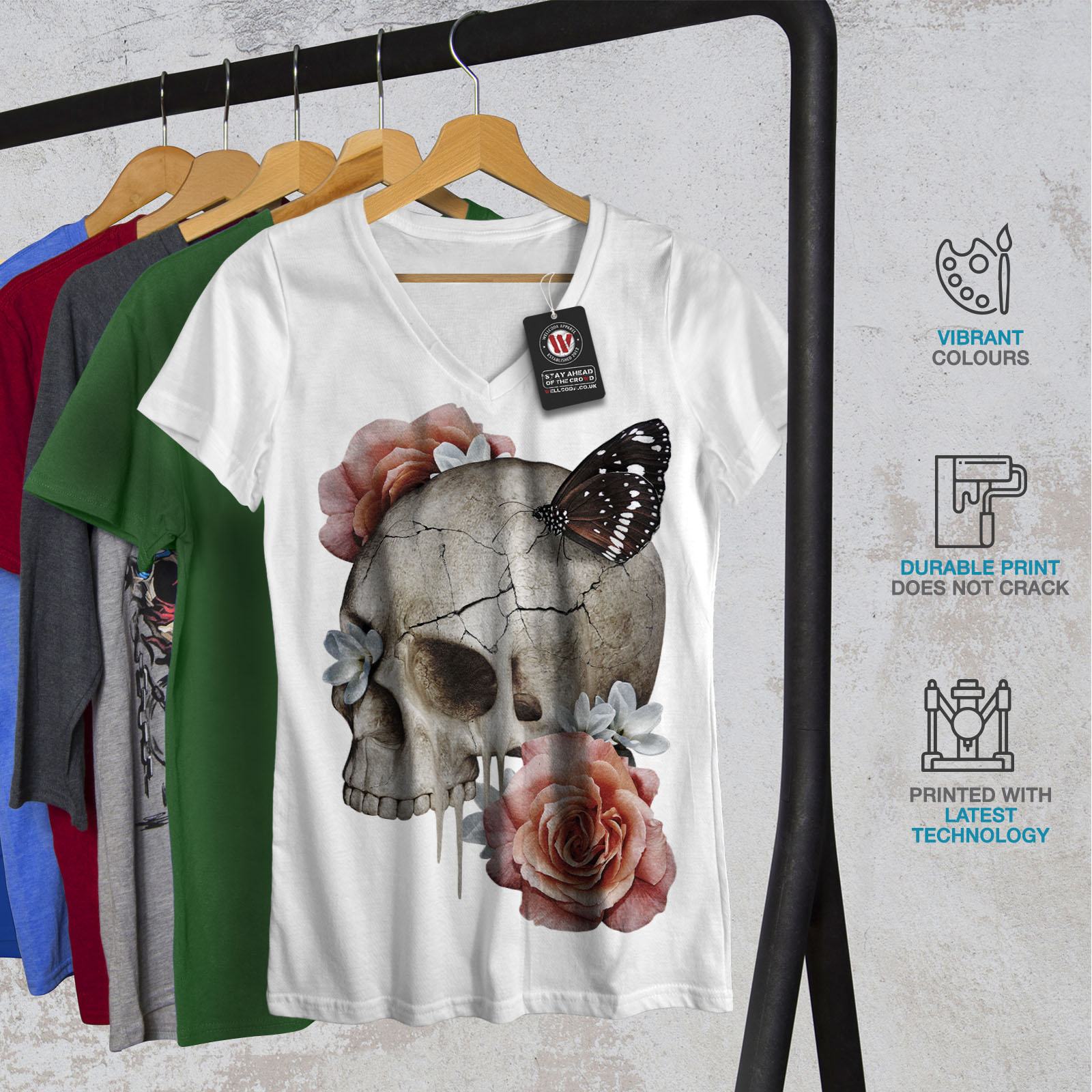 Wellcoda Skull Blood Womens V-Neck T-shirt Lady Graphic Design Tee 