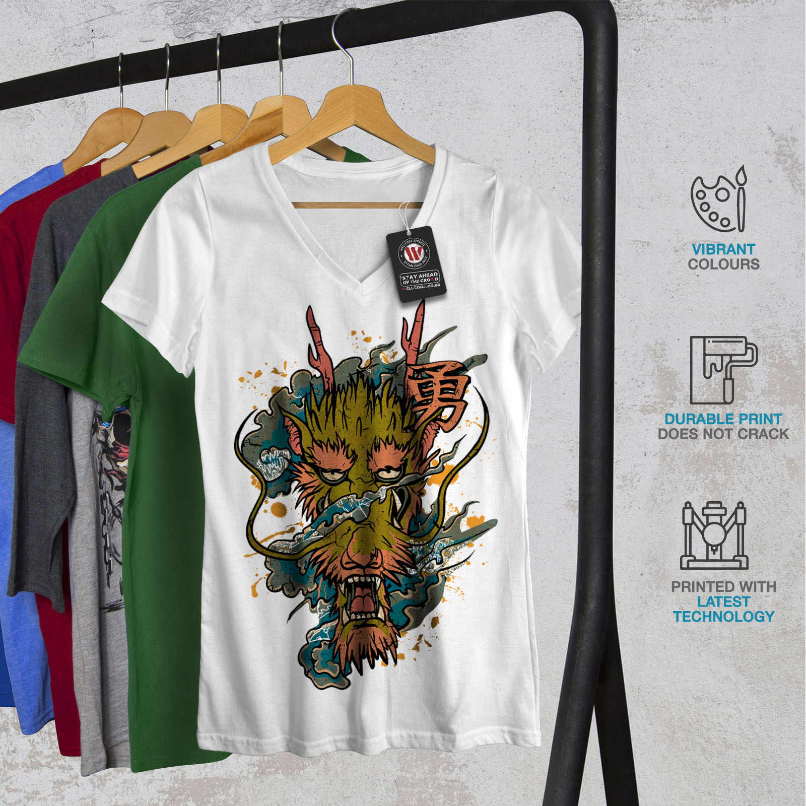 Wellcoda Dragon Asian Myth Mens Long Sleeve T-shirt Evil Graphic Design