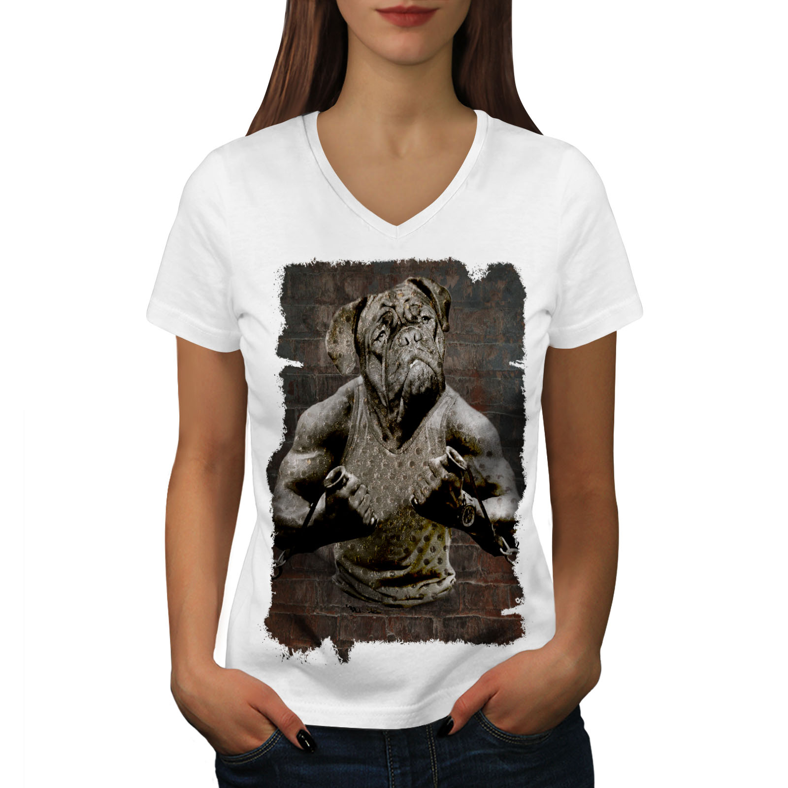 Download Wellcoda Bulldog Gym Workout Womens V-Neck T-shirt, Weird Graphic Design Tee | eBay