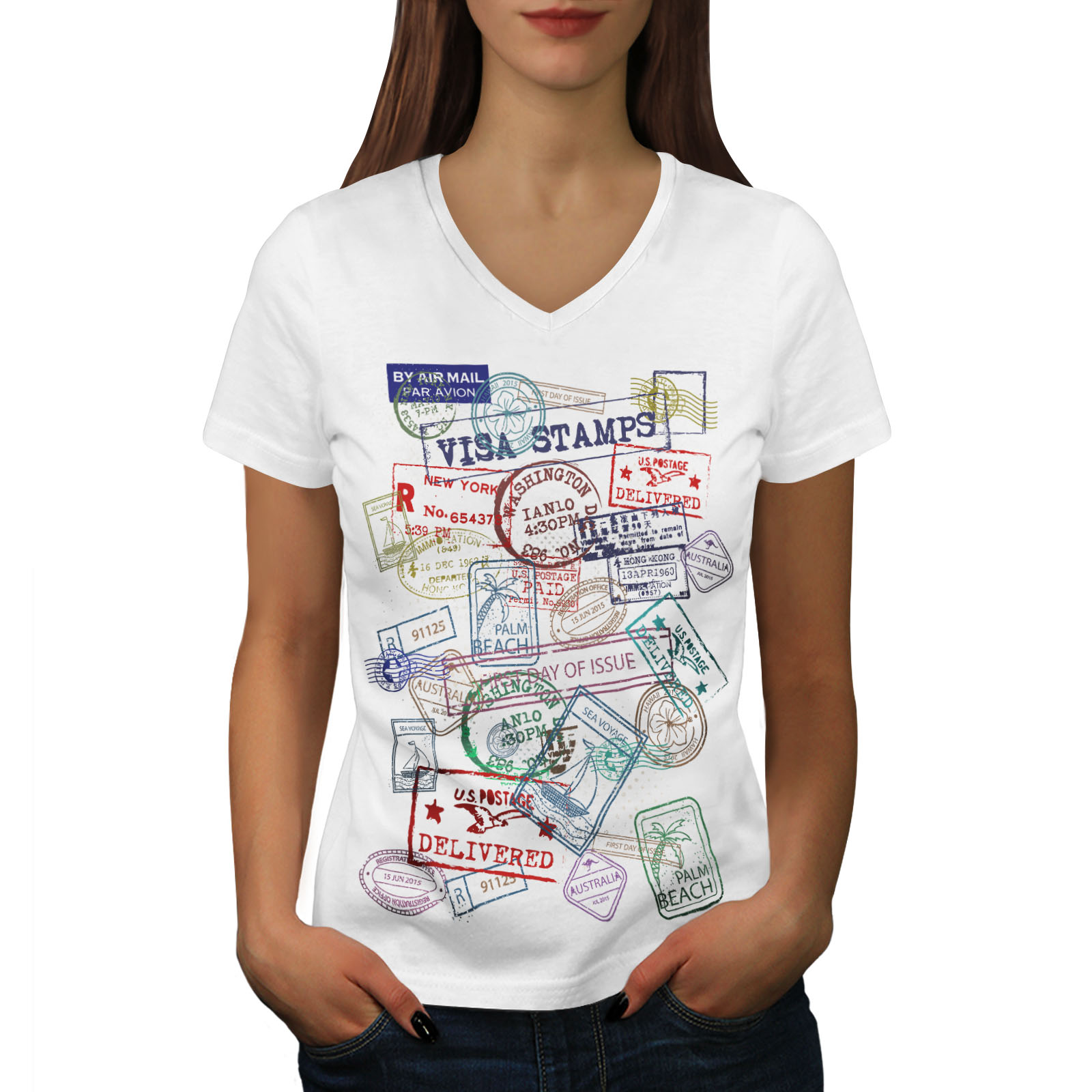 Wellcoda Post Stamp Travel Womens V Neck T Shirt Symbol Graphic Design Tee Ebay