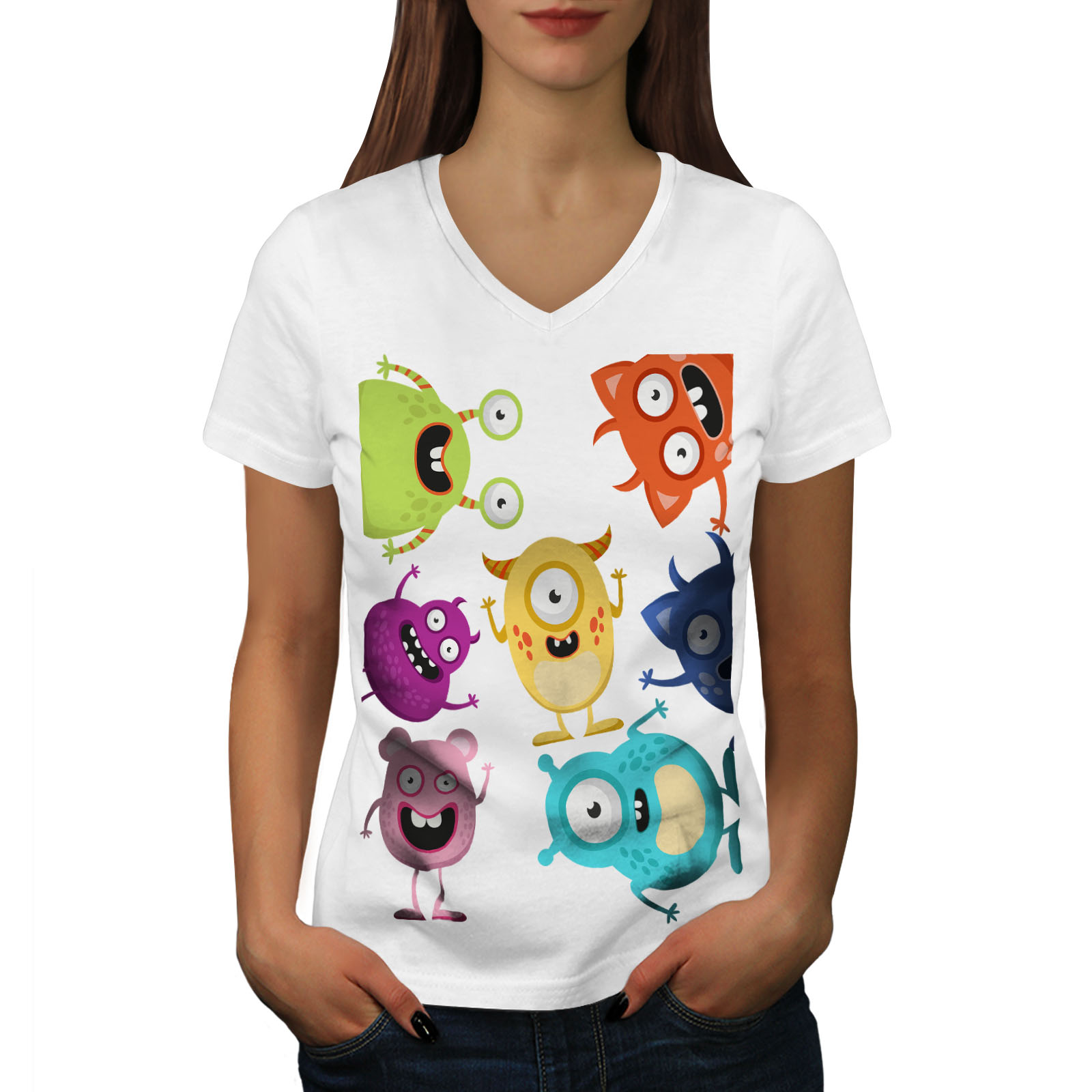 Lovely Graphic Design Tee Wellcoda Cute Racoon Face Womens V-Neck T-shirt