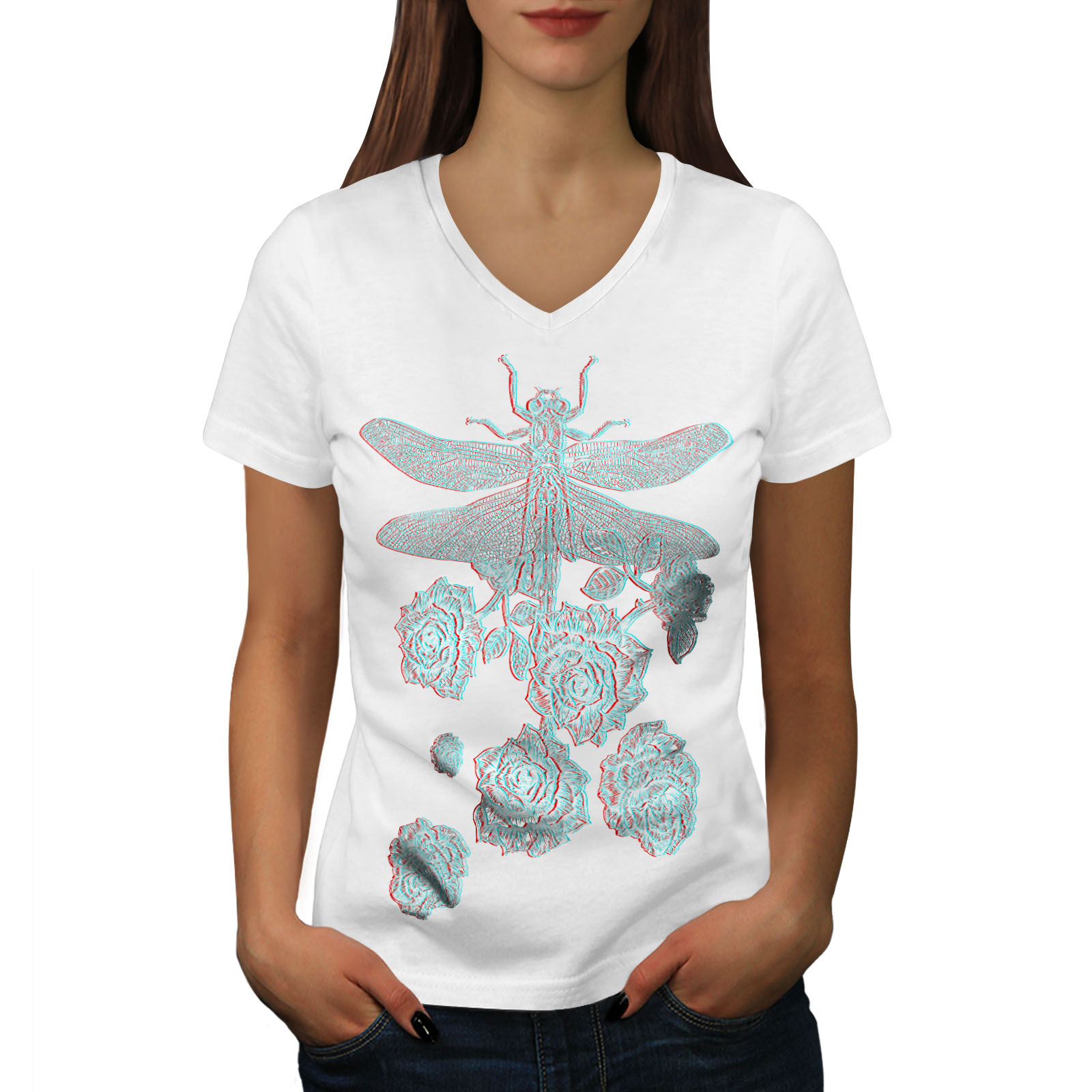 Wellcoda Seahorse Flowers Animal Womens V-Neck T-shirt Graphic Design Tee 