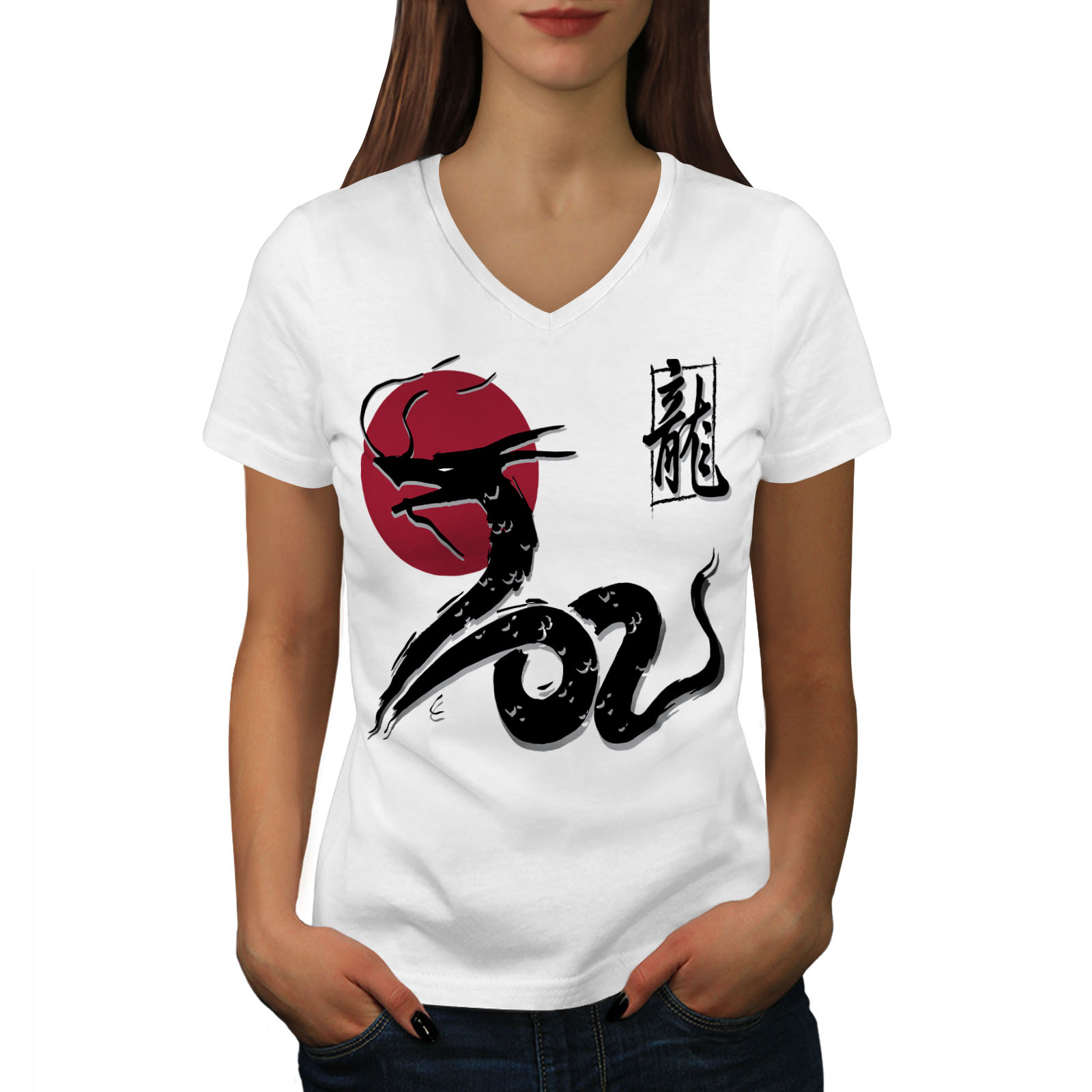 Wellcoda Japan Dragon Womens V-Neck T-shirt, Oriental Graphic Design 