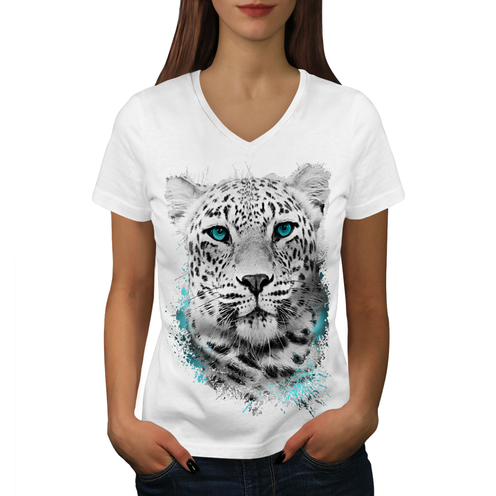 Wellcoda Tiger Animal Wild Cat Womens V-Neck T-shirt Noble Graphic Design Tee 