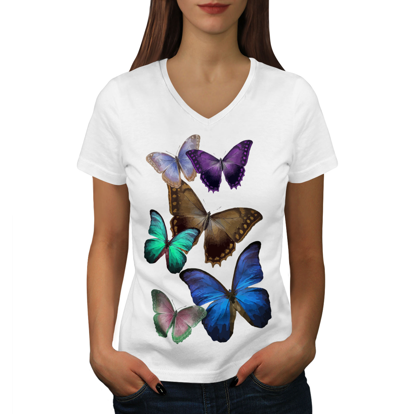 Spring Graphic Design Tee Wellcoda Polygonal Butterfly Womens V-Neck T-shirt 