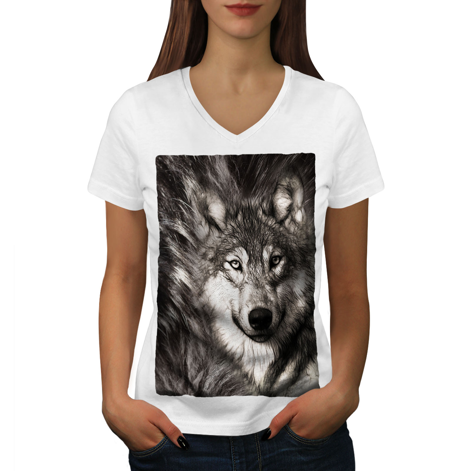 Wellcoda Lonely Wolf Face Womens V-Neck T-shirt, Wild Graphic Design ...