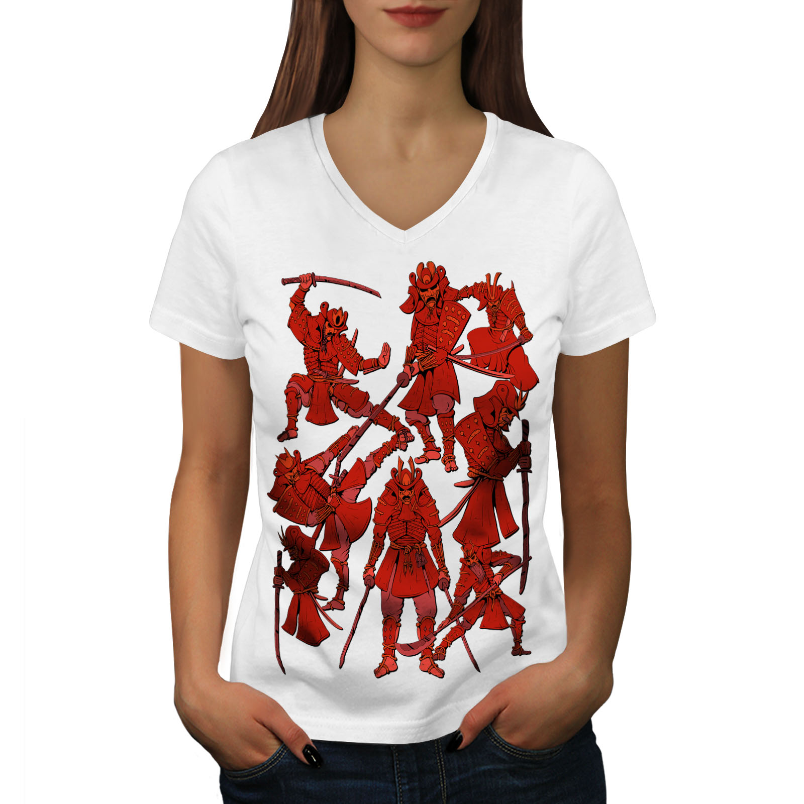 Wellcoda Katana Warrior Fantasy Womens V-Neck T-shirt, Japan Graphic ...