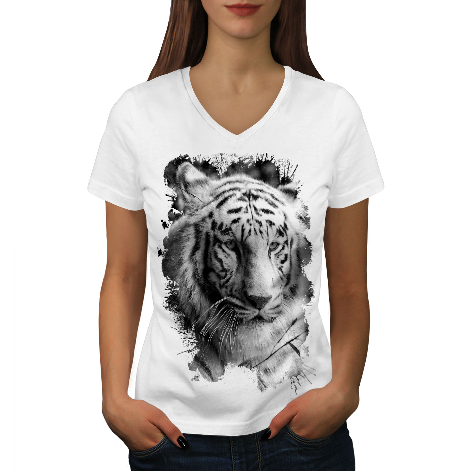 Wellcoda White Tiger Head Womens V-Neck T-shirt, Wild Graphic Design Tee