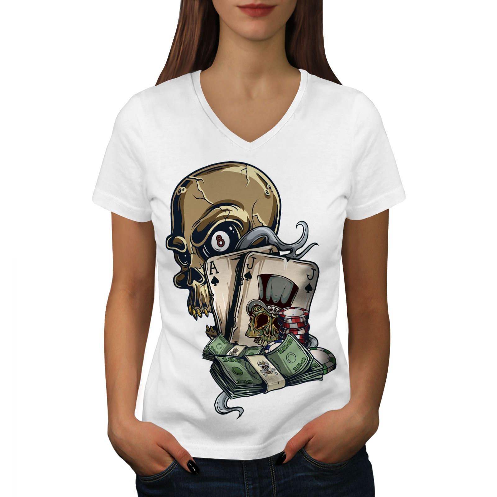 Queen Graphic Design Tee Wellcoda Chess Poker Card Gamble Womens V-Neck T-shirt