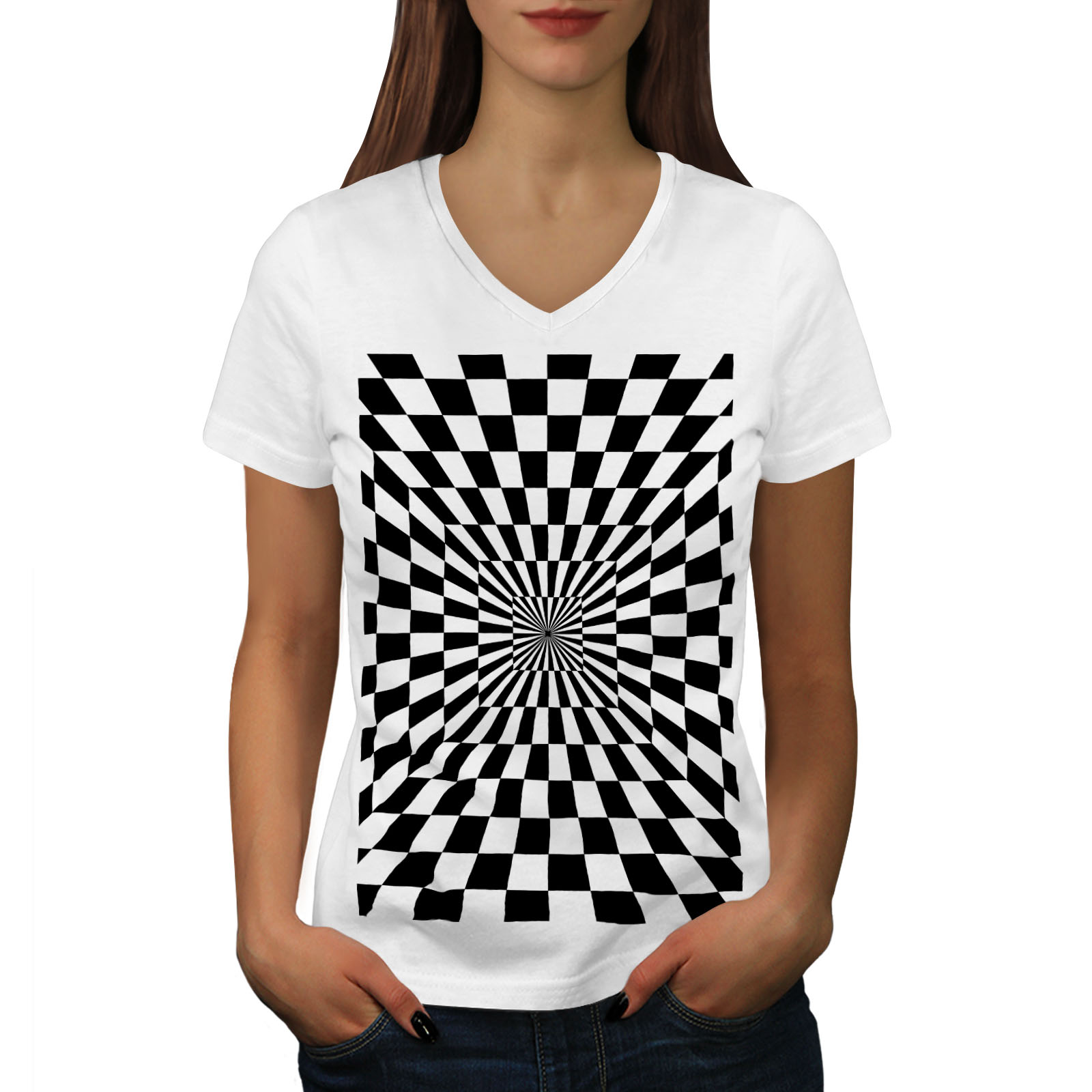 Wellcoda Square Illusion Pattern Womens V-Neck T-shirt, Trick Graphic ...