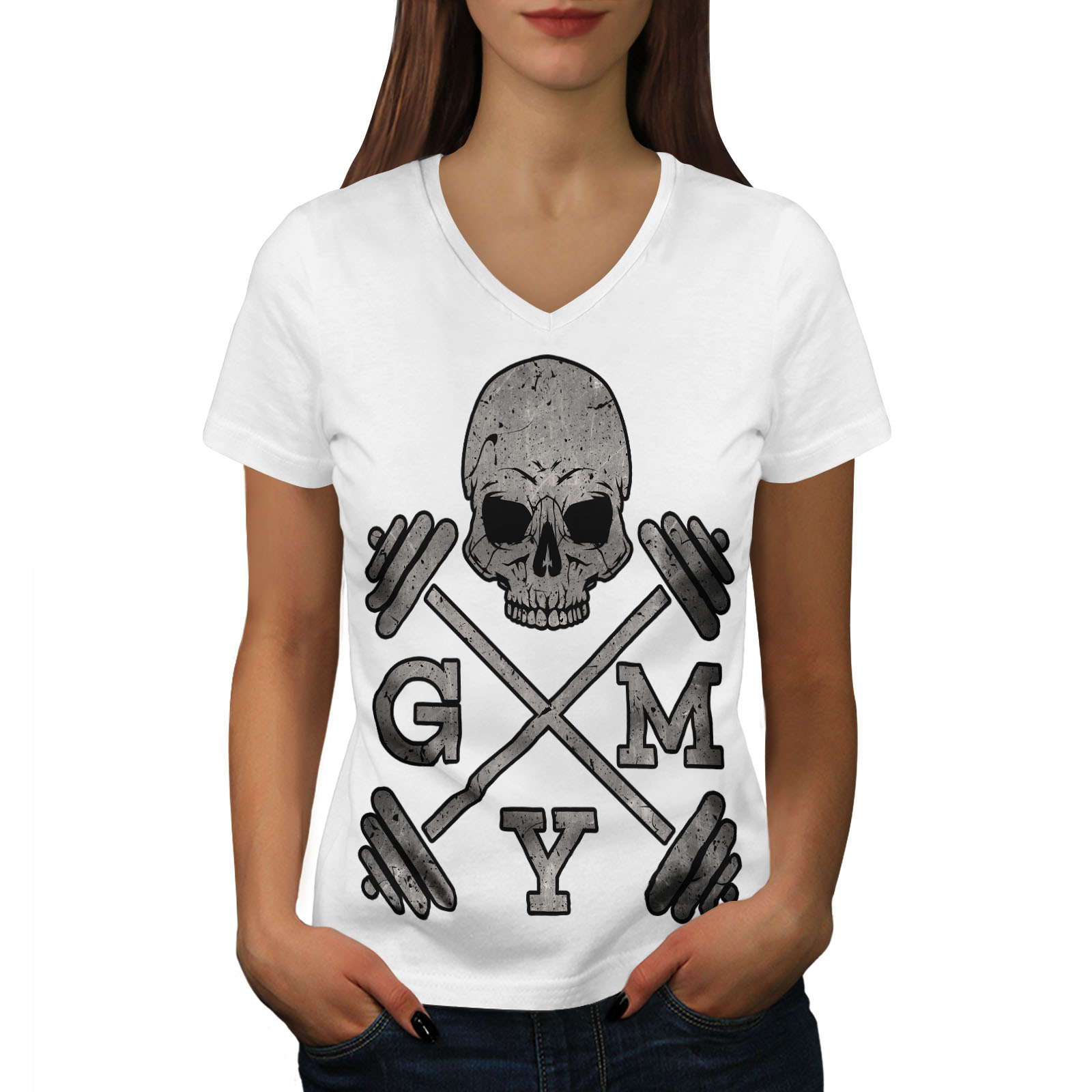 Download Wellcoda Skull Gym Fitness Sport Womens V-Neck T-shirt, Work Graphic Design Tee | eBay
